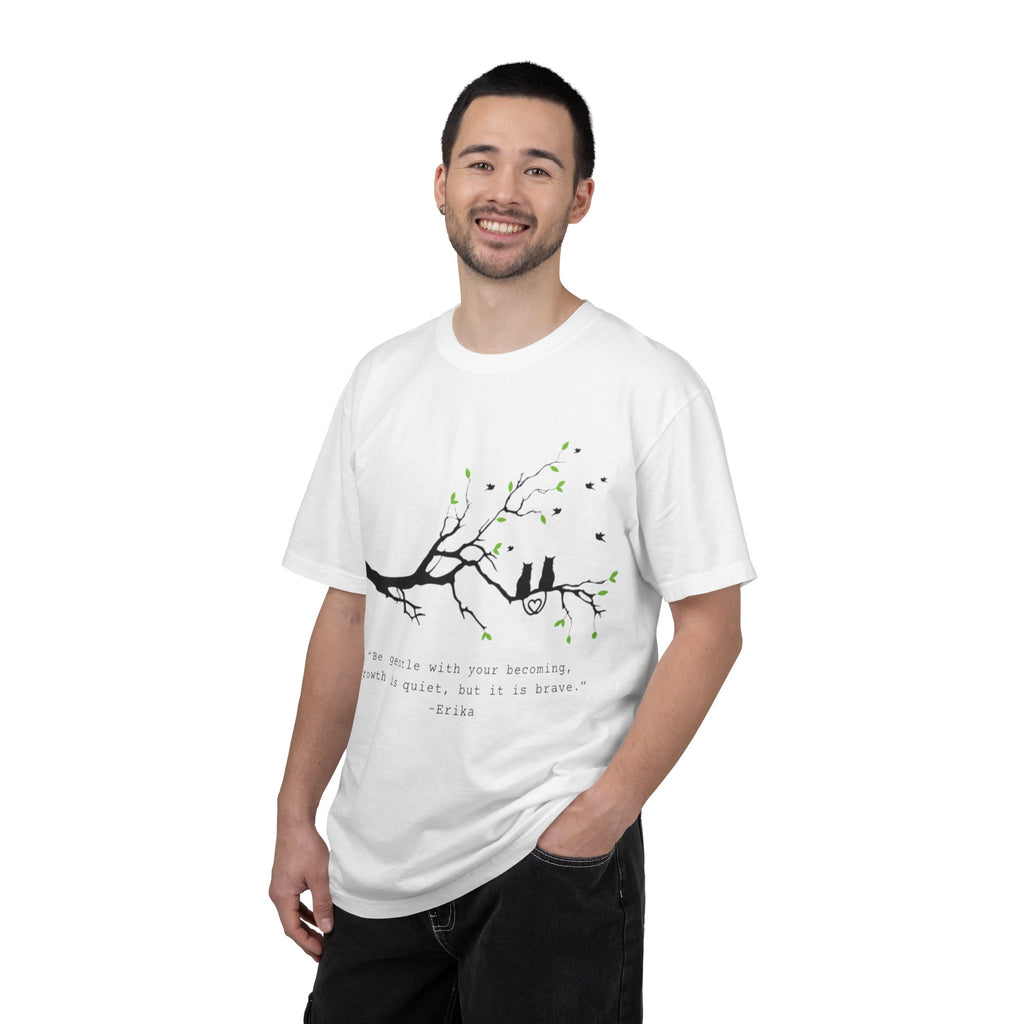 T-Shirt — "Be Gentle With Your Becoming" Tree Branch Cat Quote Tee
