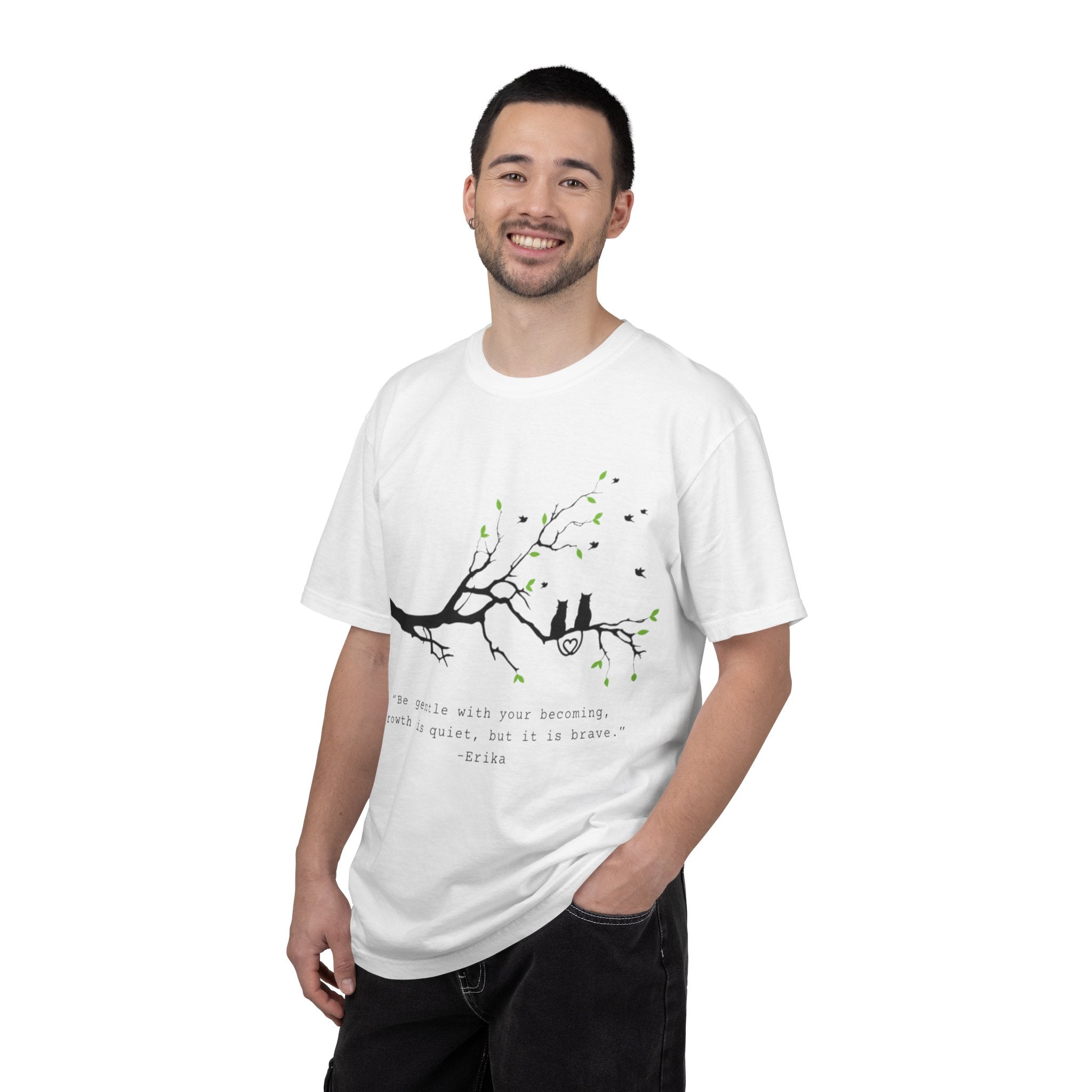 T-Shirt — "Be Gentle With Your Becoming" Tree Branch Cat Quote Tee