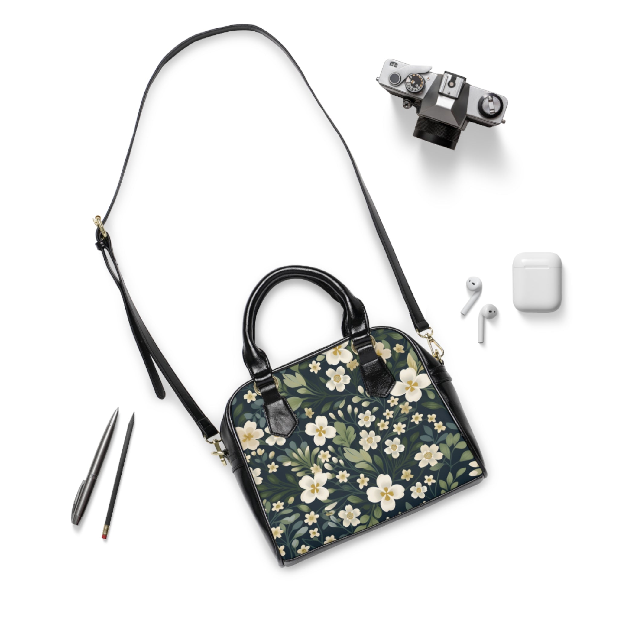 Floral Vintage Shoulder Handbag — Cream Blossom Pattern