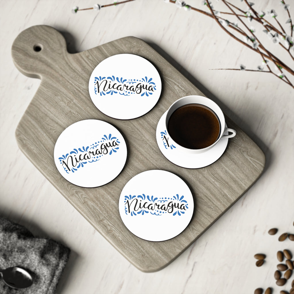 Nicaragua Cork Coasters — Blue Hand-Lettered Souvenir Drink Coasters