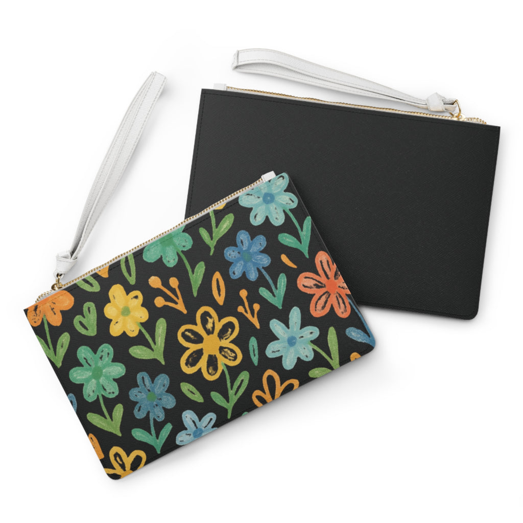 Floral Doodle Clutch Bag — Colorful Hand-Drawn Flower Wristlet