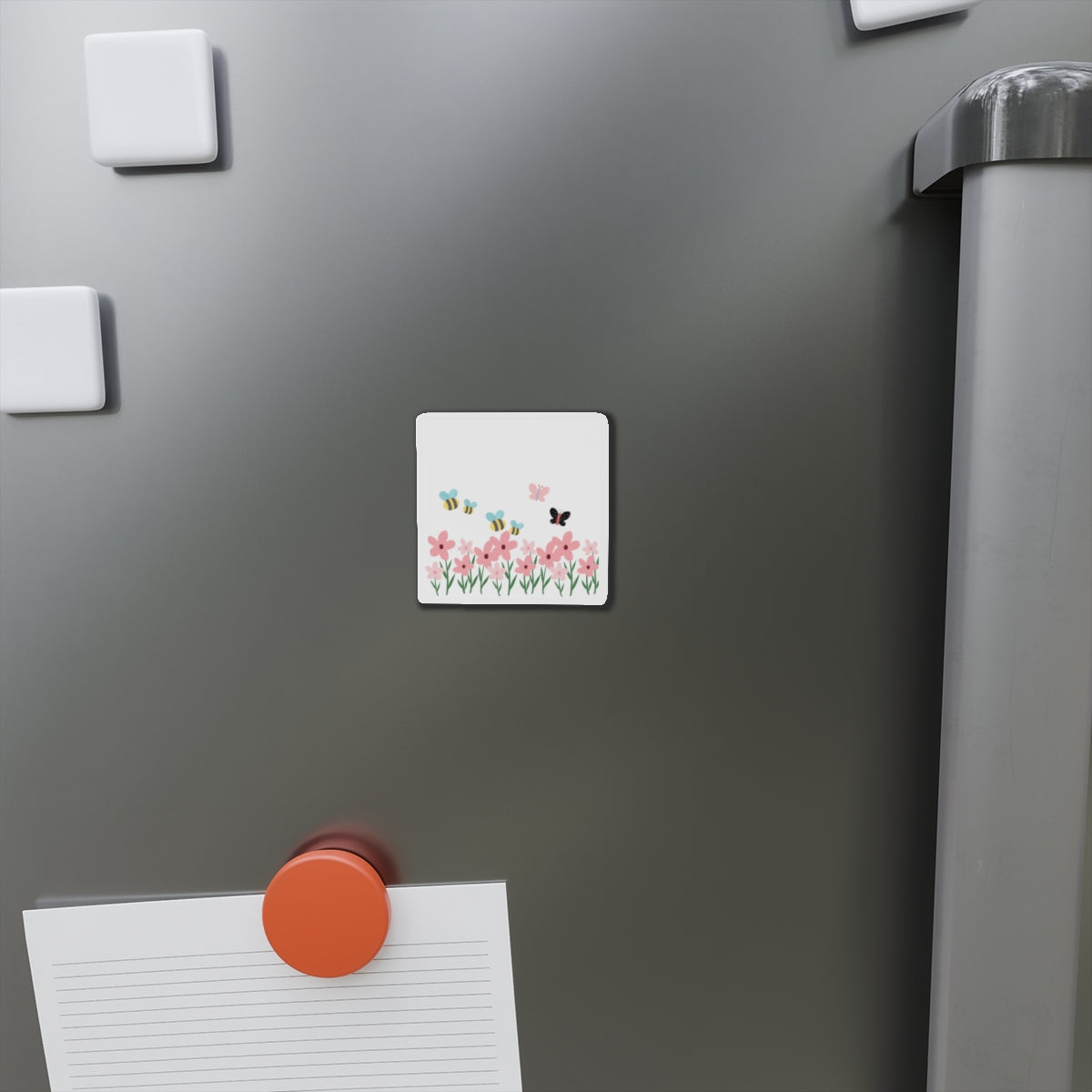 Spring Garden Die-Cut Magnet — Bees, Butterflies & Pink Flowers