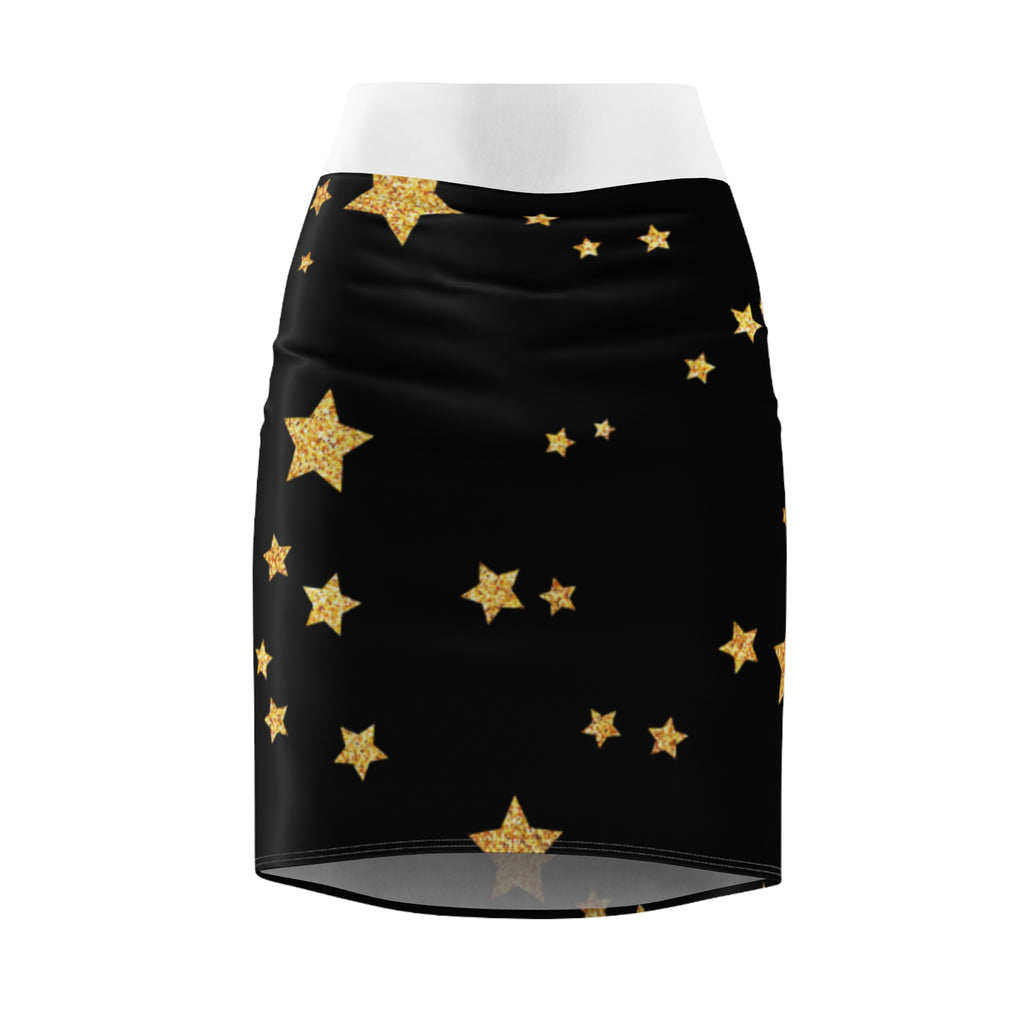 Gold Glitter Stars Pencil Skirt — Black Night Sky Midi Pencil Skirt