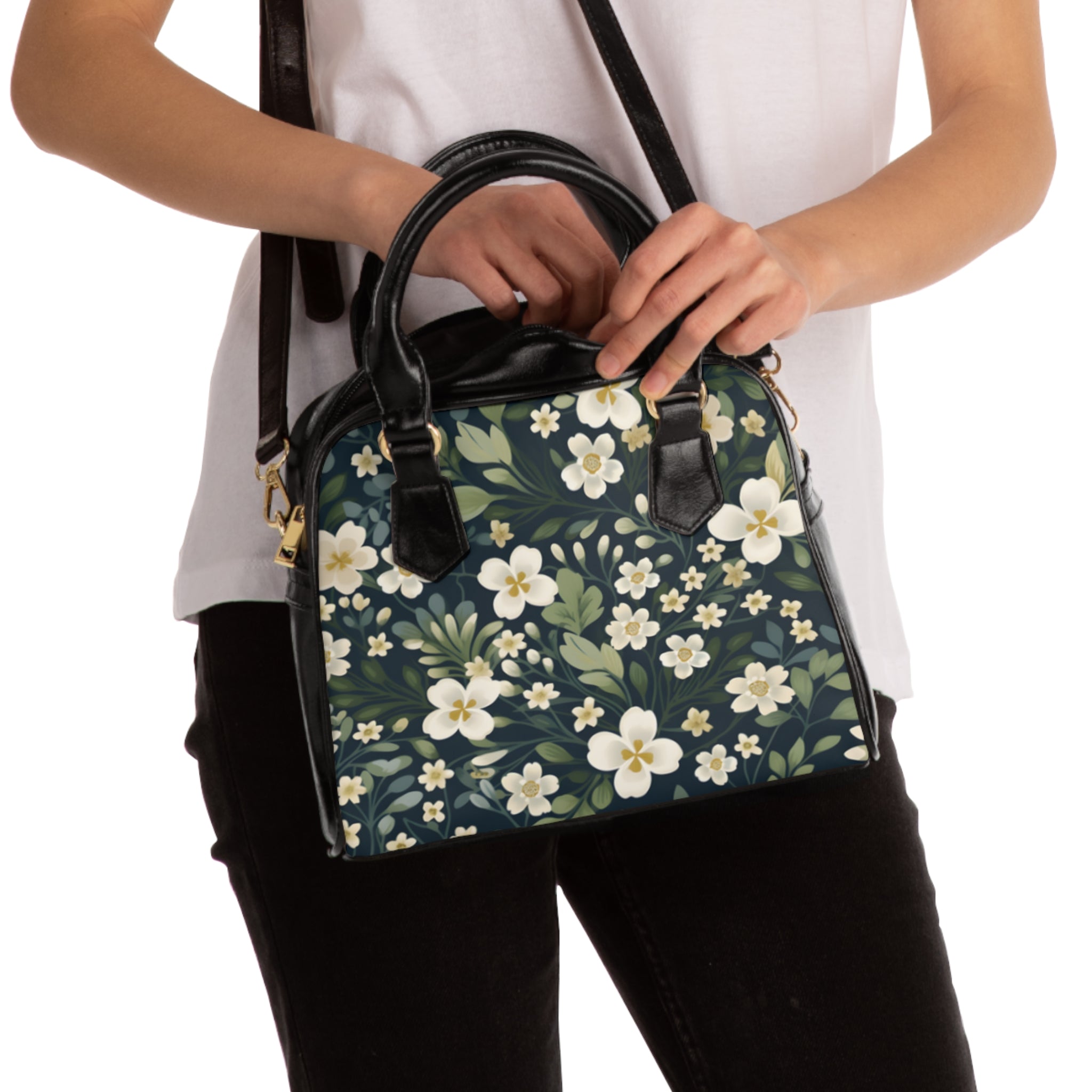Floral Vintage Shoulder Handbag — Cream Blossom Pattern