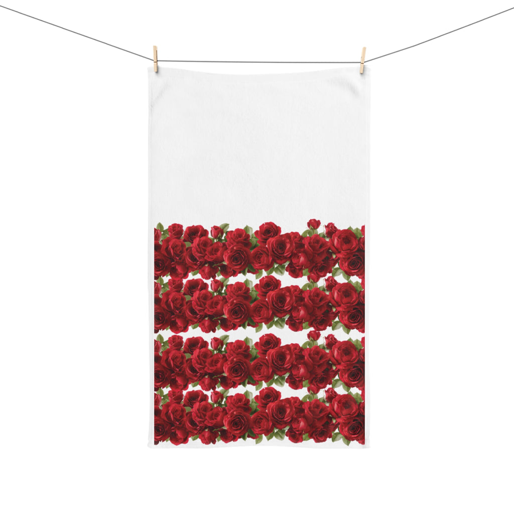 Red Rose Stripe Hand Towel — Floral Kitchen & Bath Accent