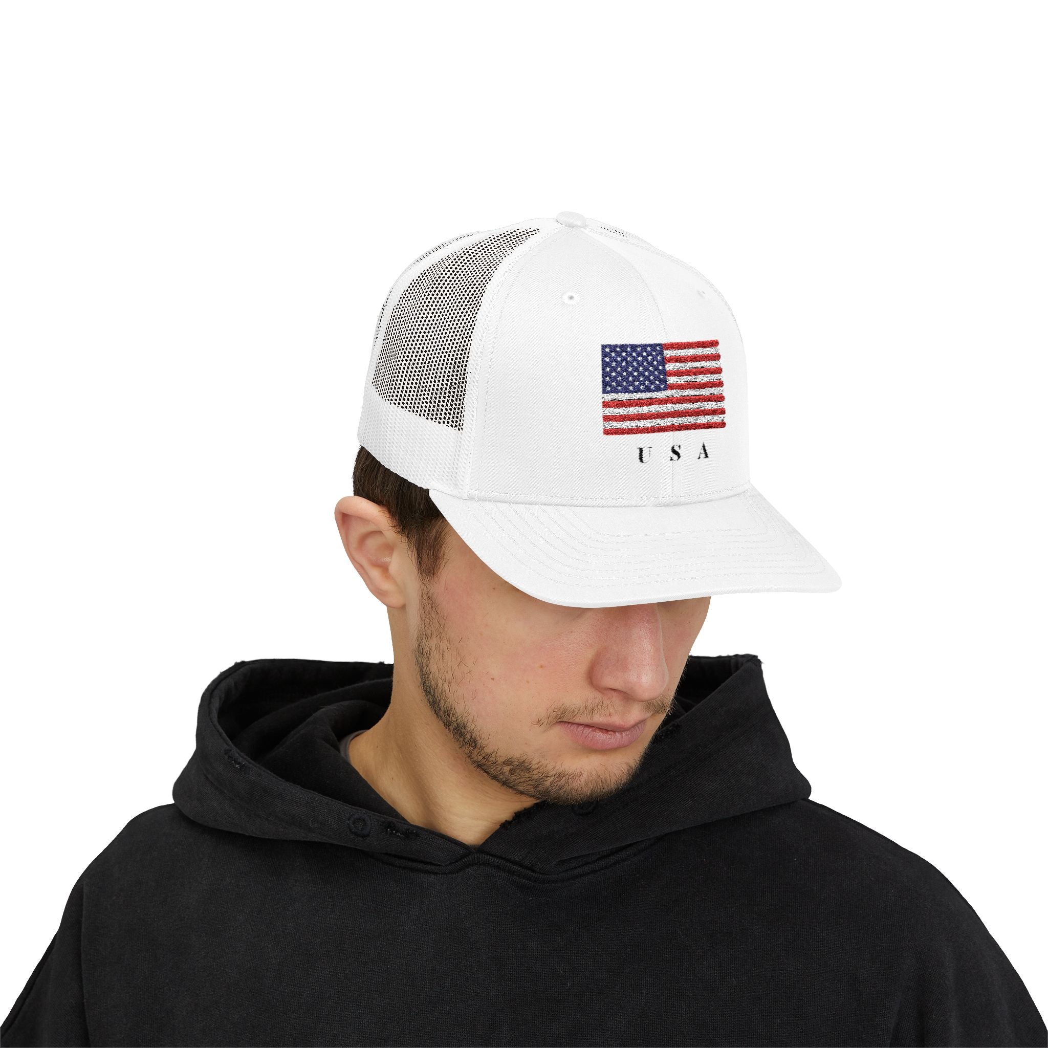USA Flag Trucker Cap — Embroidered American Flag Snapback Hat