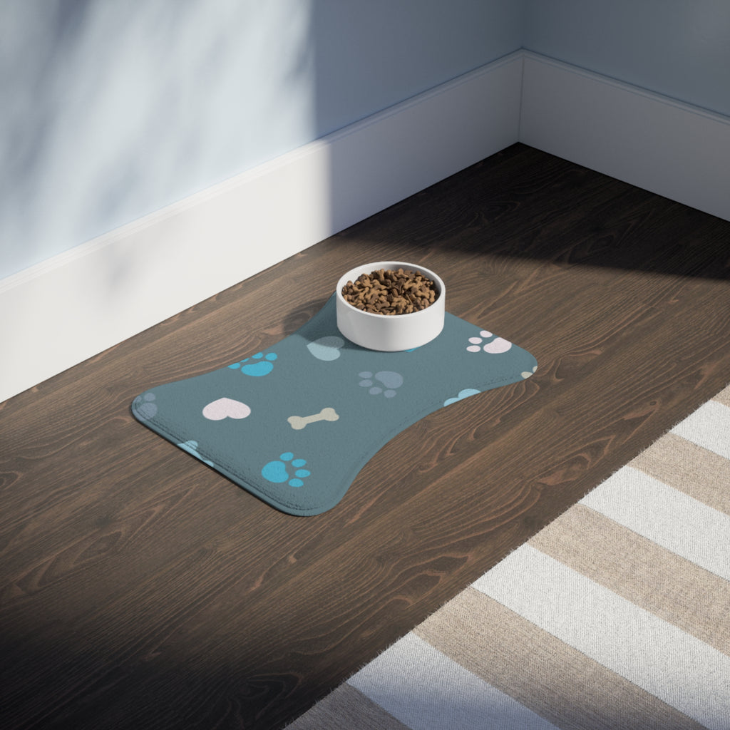 Pet Feeding Mat — Blue Paw & Heart Non‑Slip Bowl Placemat