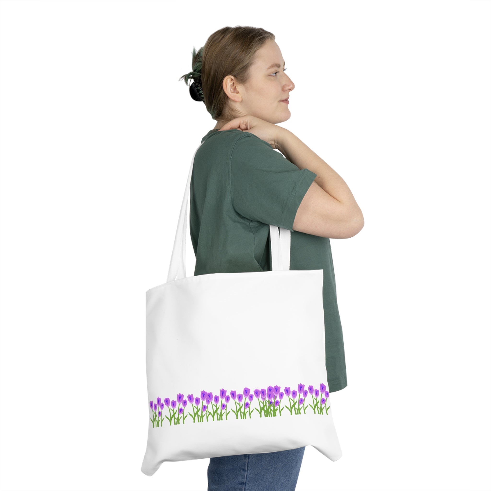 Purple Tulip Shoulder Tote Bag — Floral AOP Tote for Women