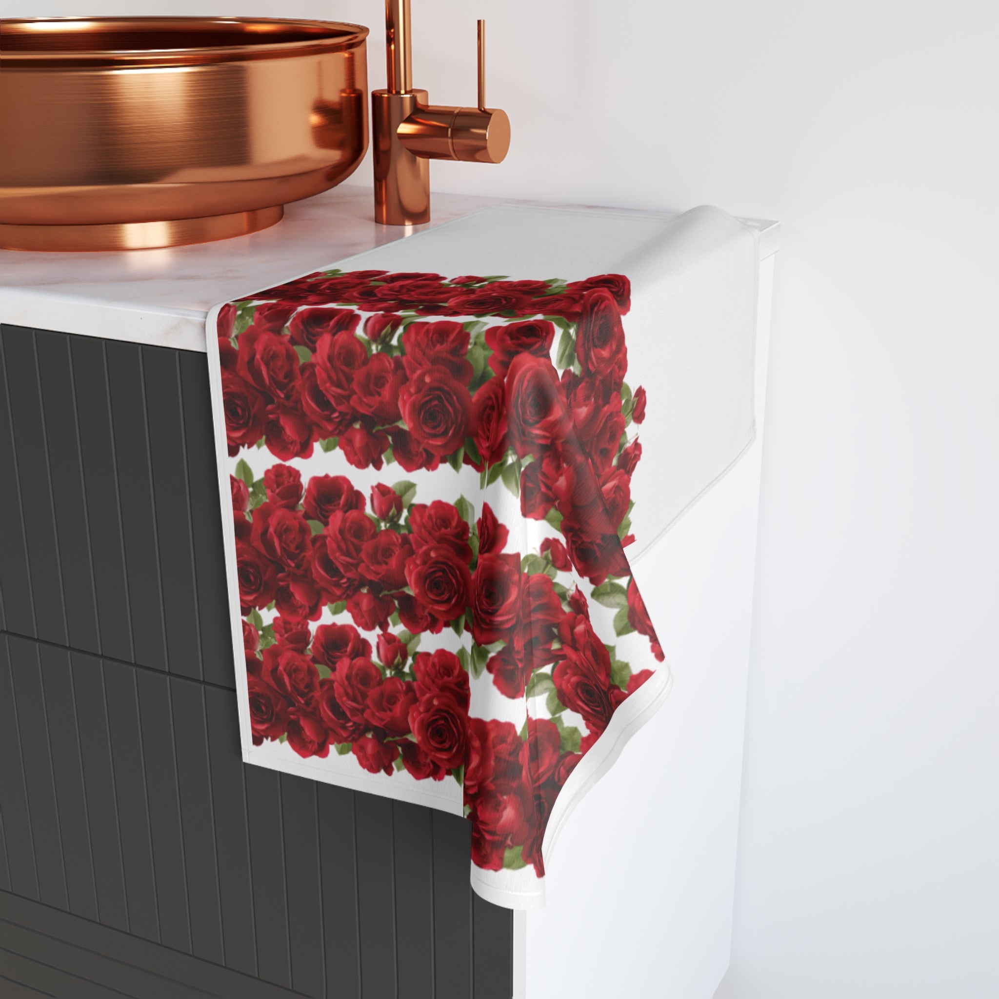 Red Rose Stripe Hand Towel — Floral Kitchen & Bath Accent