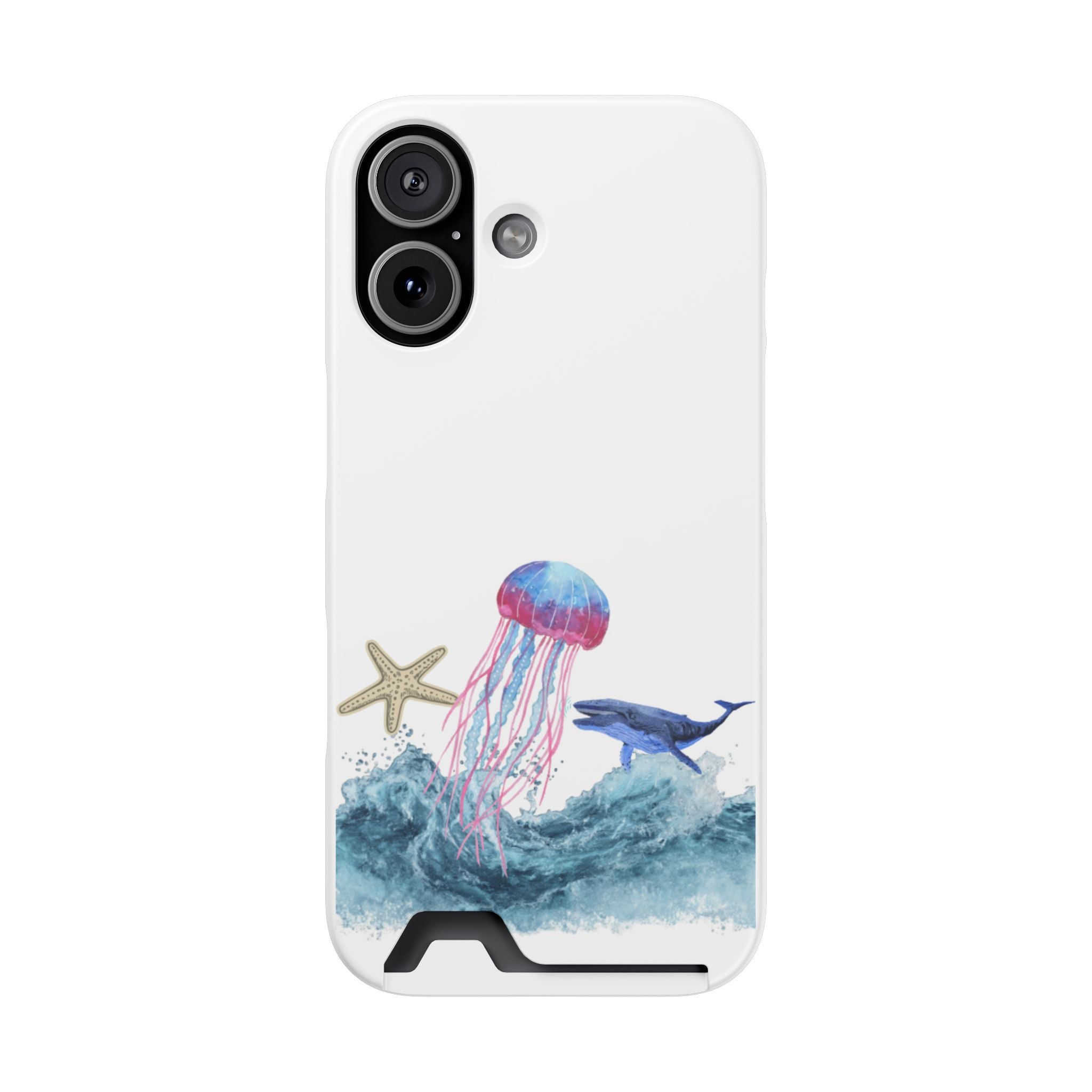 Ocean Life Phone Case with Card Holder — Jellyfish, Whale & Starfish Design