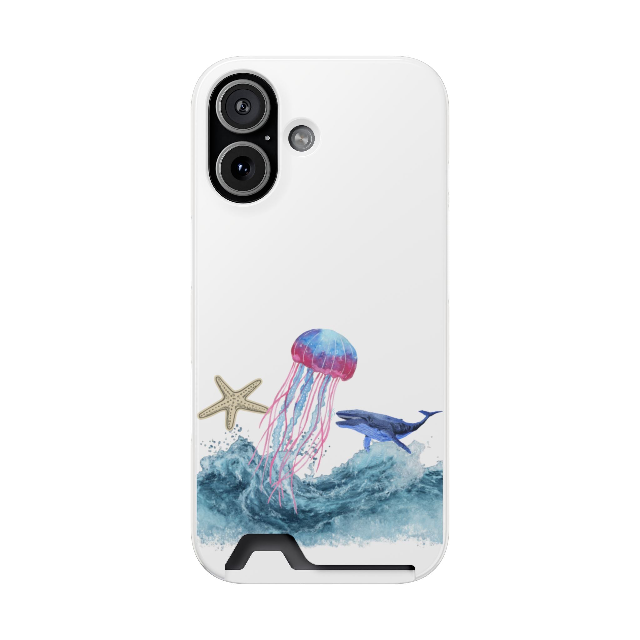 Ocean Life Phone Case with Card Holder — Jellyfish, Whale & Starfish Design