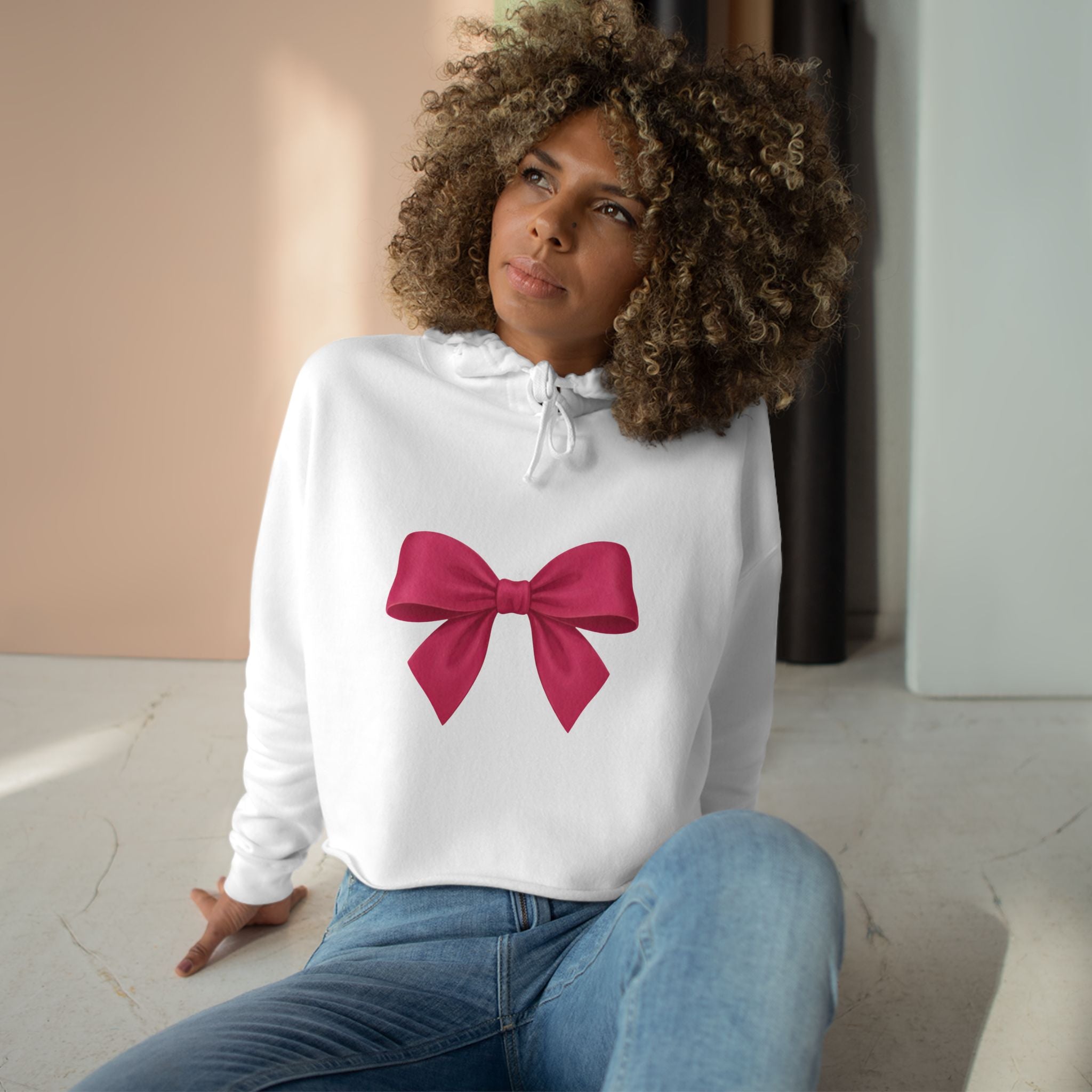 Pink Bow Crop Hoodie – Cute Girly Cropped Hoodie with Ribbon Graphic