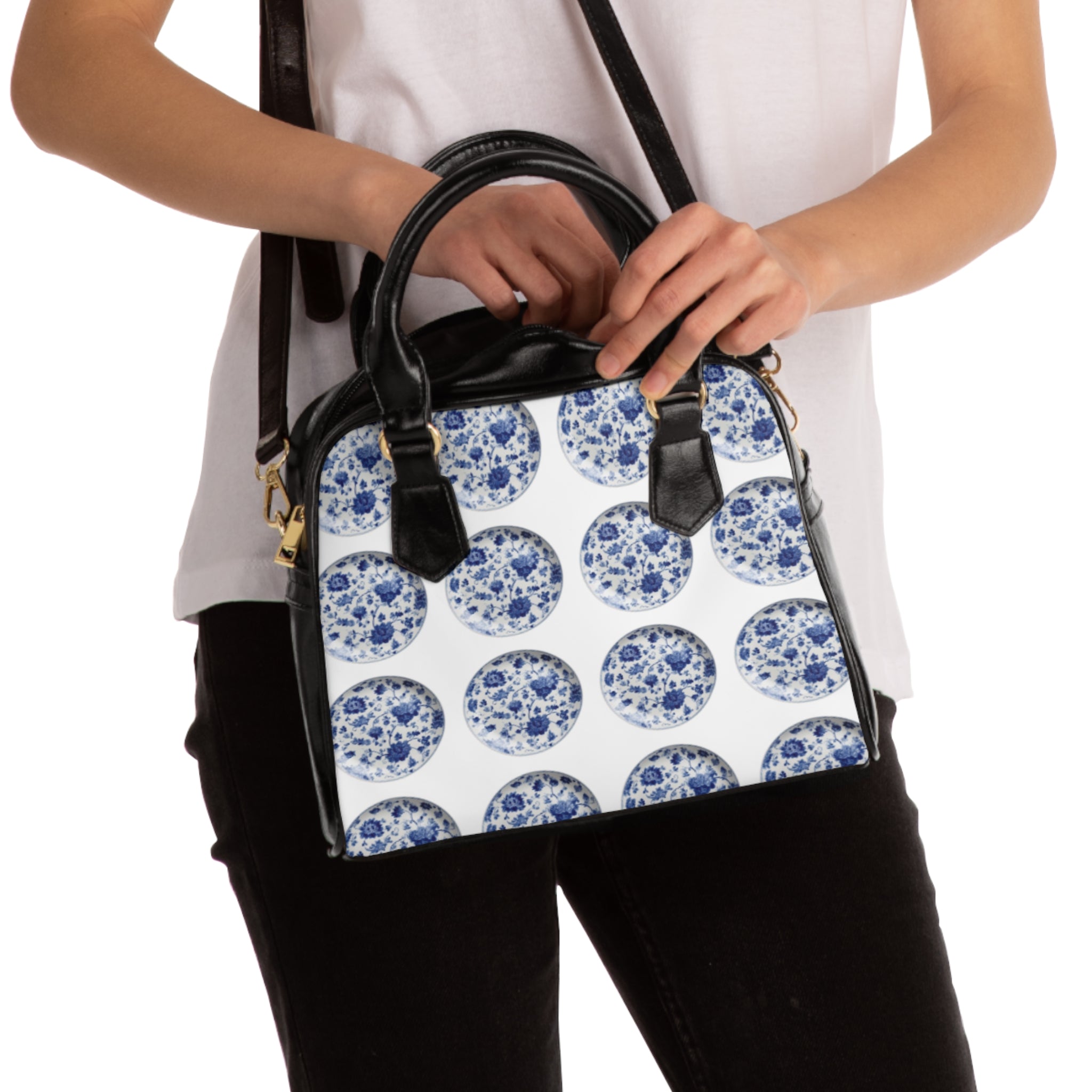 Blue Porcelain Pattern Shoulder Handbag — Vintage Floral Circle Print