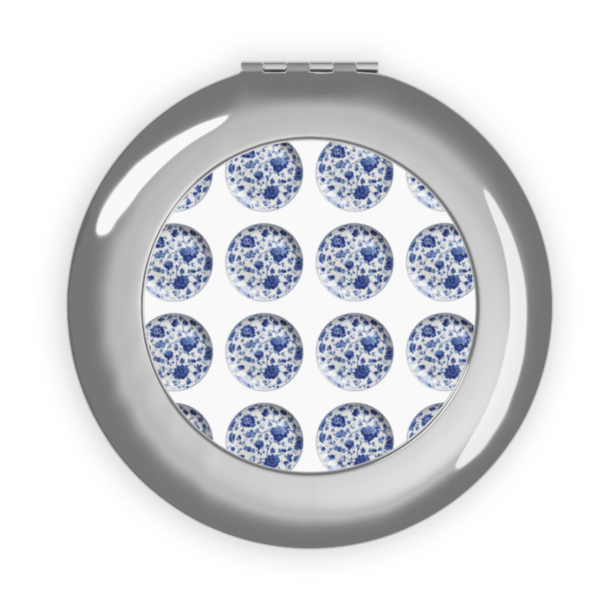 Blue Delft Compact Travel Mirror — Portable Pocket Mirror with Delft Tile Dot Pattern