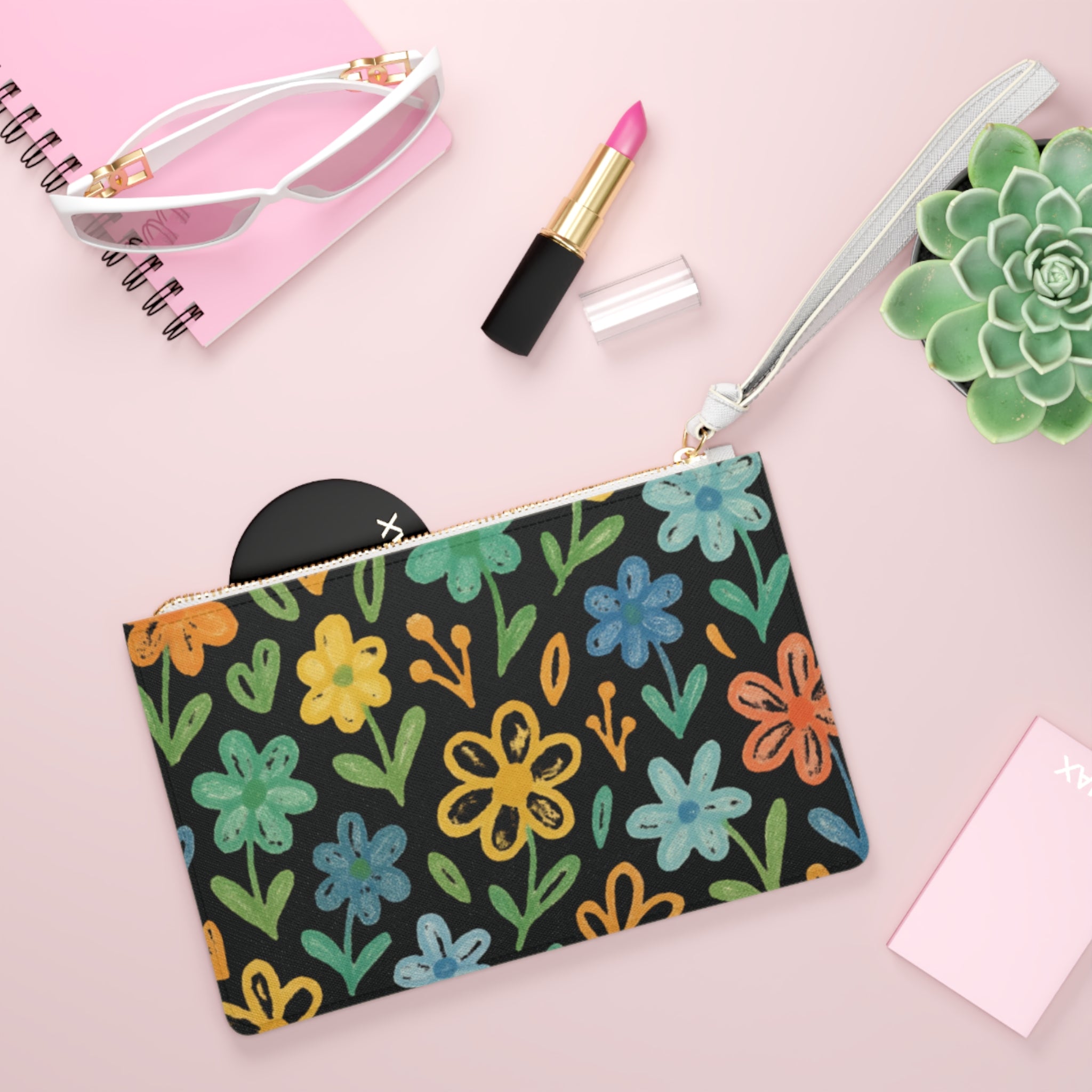 Floral Doodle Clutch Bag — Colorful Hand-Drawn Flower Wristlet