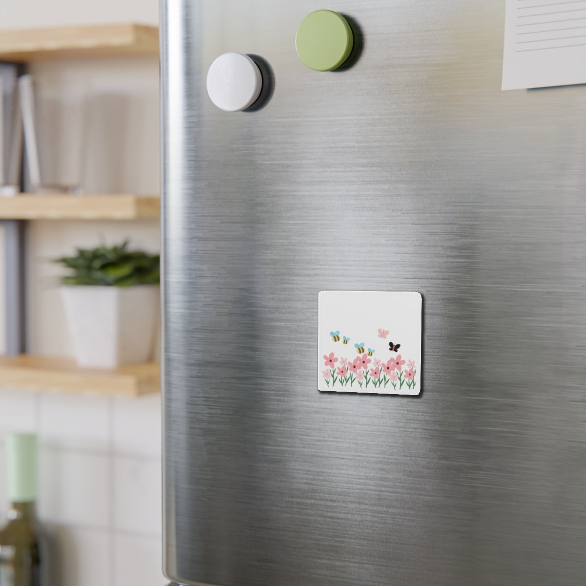Spring Garden Die-Cut Magnet — Bees, Butterflies & Pink Flowers
