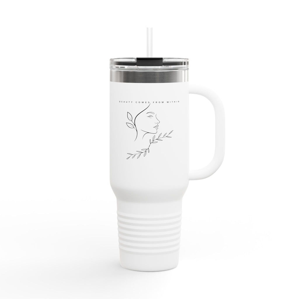 Insulated 40oz Travel Mug — "Beauty Comes From Within" White Bottle