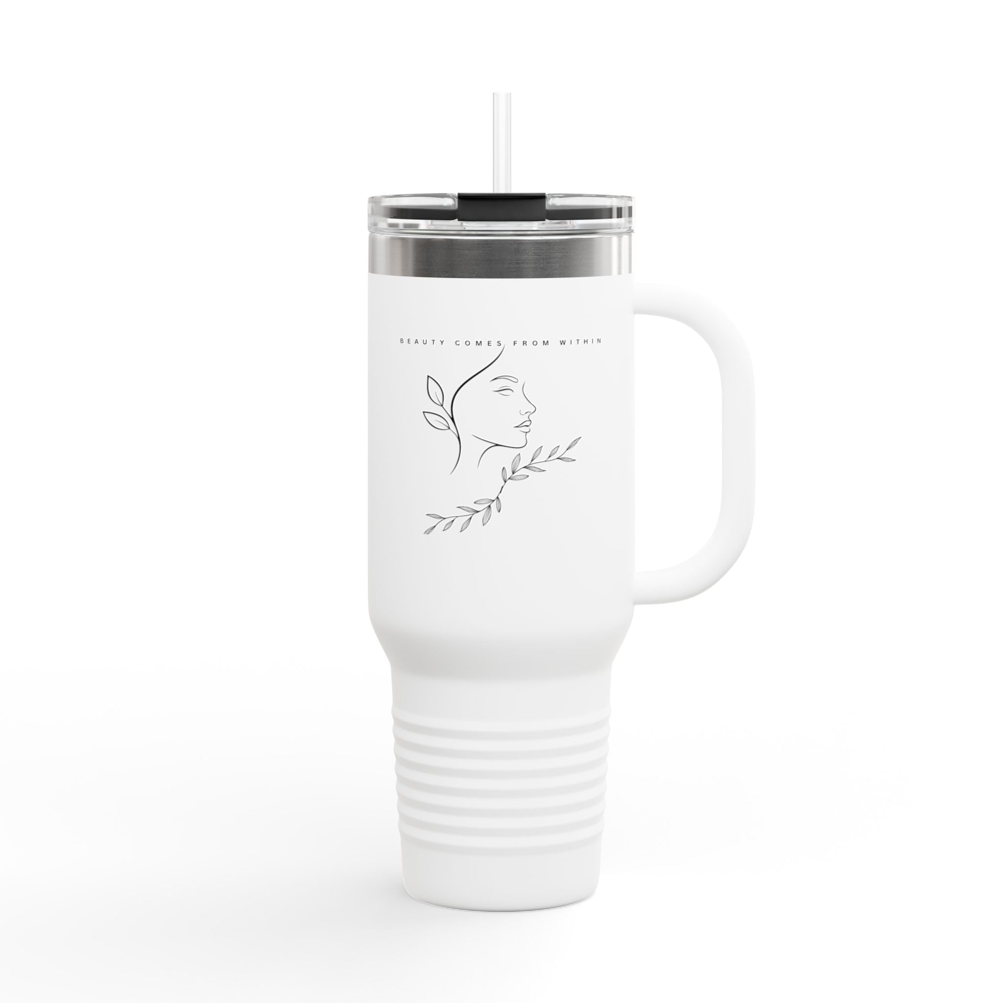 Insulated 40oz Travel Mug — "Beauty Comes From Within" White Bottle