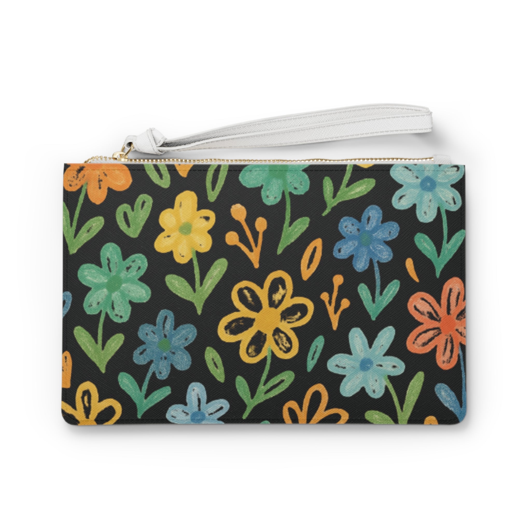 Floral Doodle Clutch Bag — Colorful Hand-Drawn Flower Wristlet