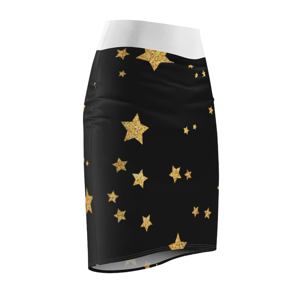 Gold Glitter Stars Pencil Skirt — Black Night Sky Midi Pencil Skirt