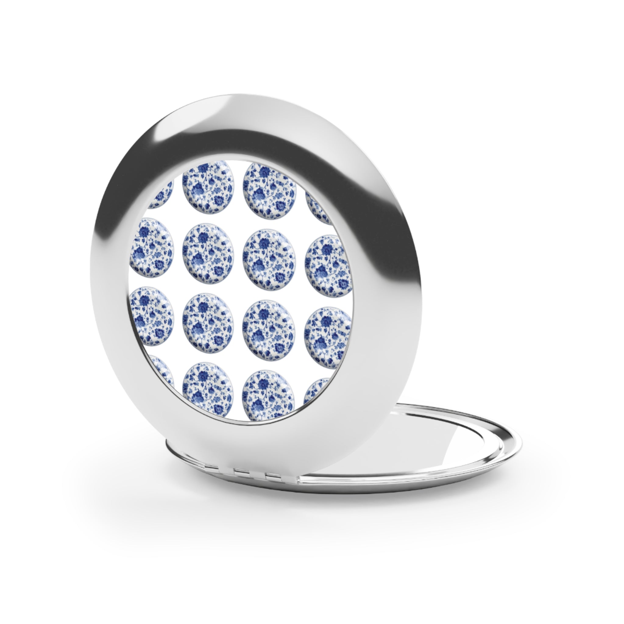 Blue Delft Compact Travel Mirror — Portable Pocket Mirror with Delft Tile Dot Pattern